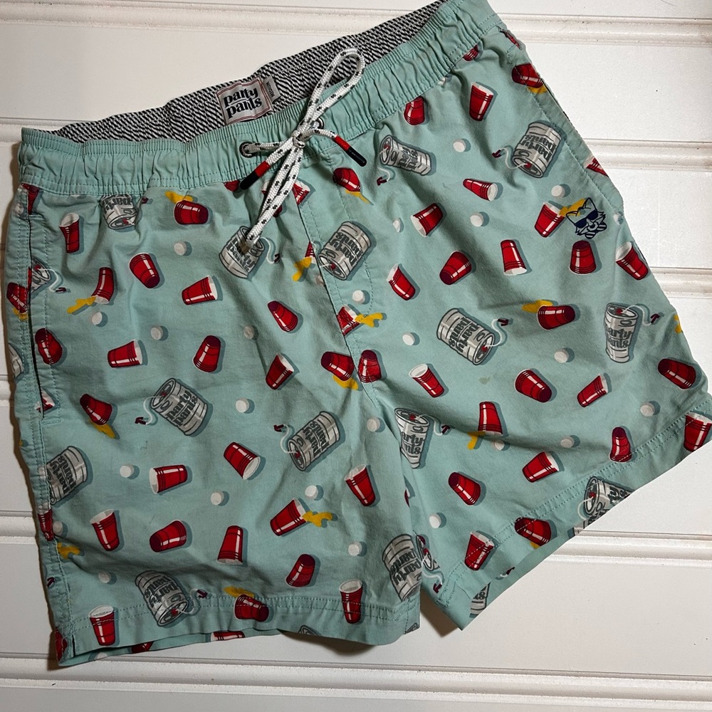 Party Pants Men's Aqua Novelty Swim Trunks with Red Cup Print